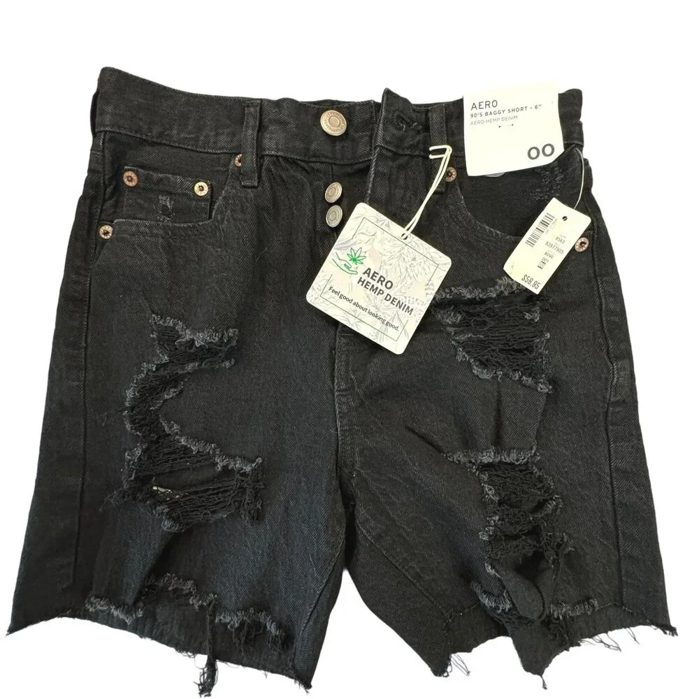 Aeropostale NWT Women's Black Shorts 90's Baggy Shorts Hemp Denim